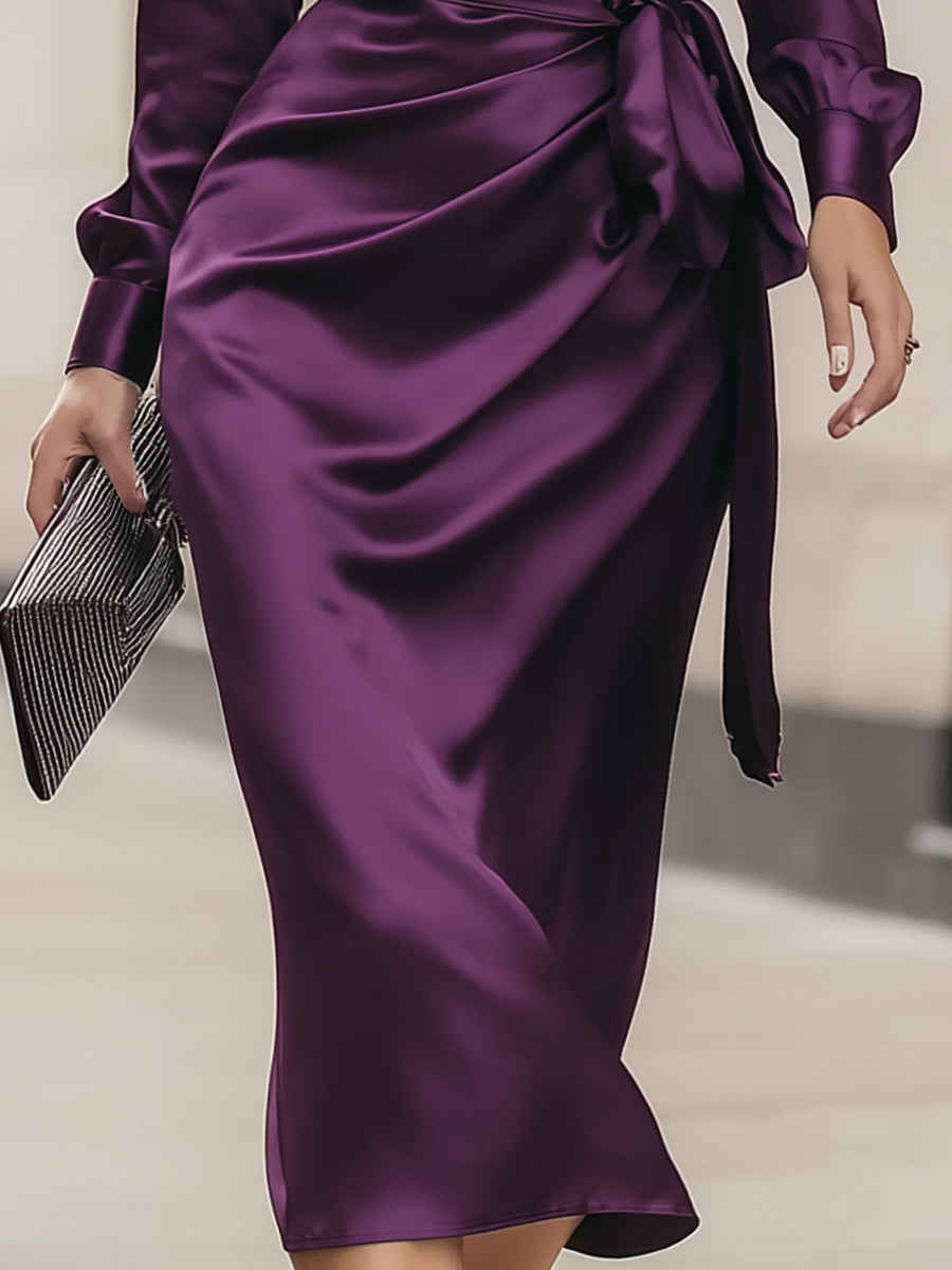 Clara | Draped Satin Midi Dress in Deep Plum