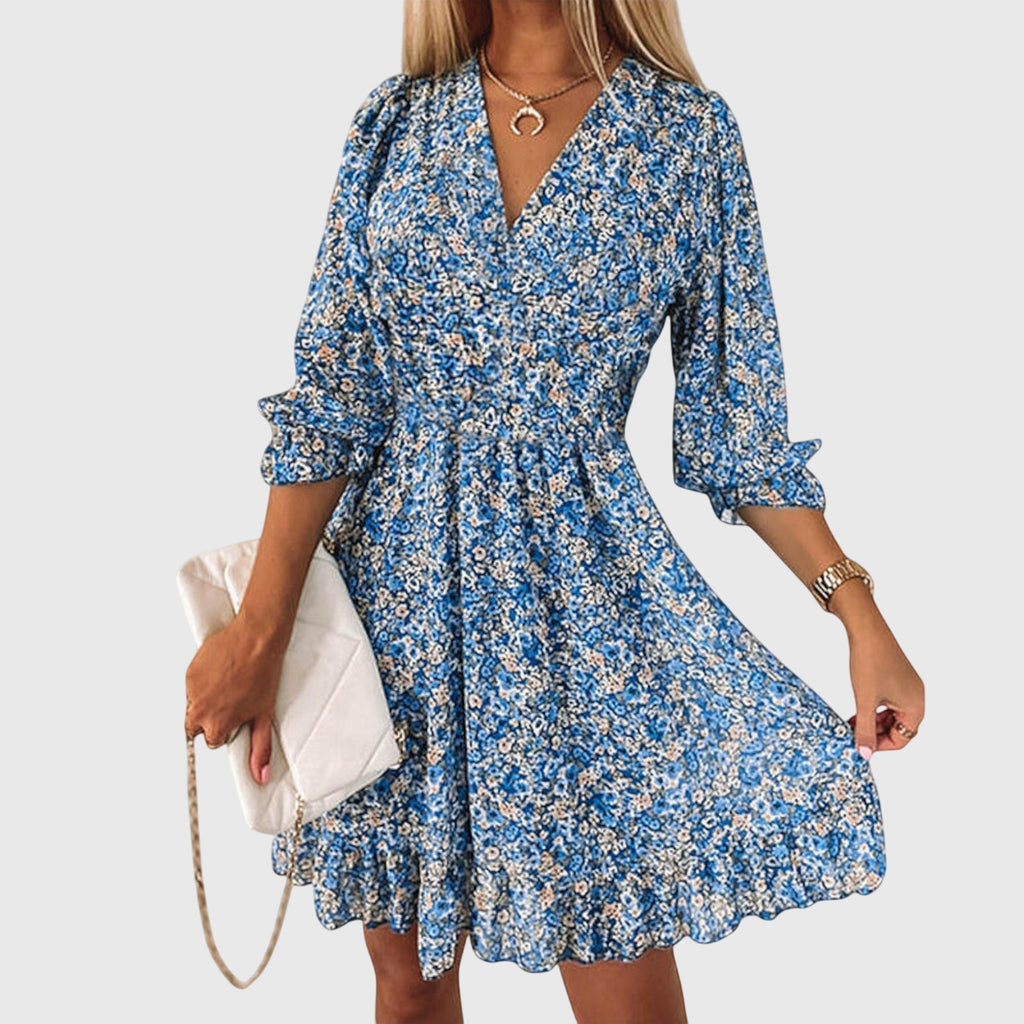 Christine Floral Puff Sleeve Summer Dress with playful floral print and breezy hemline