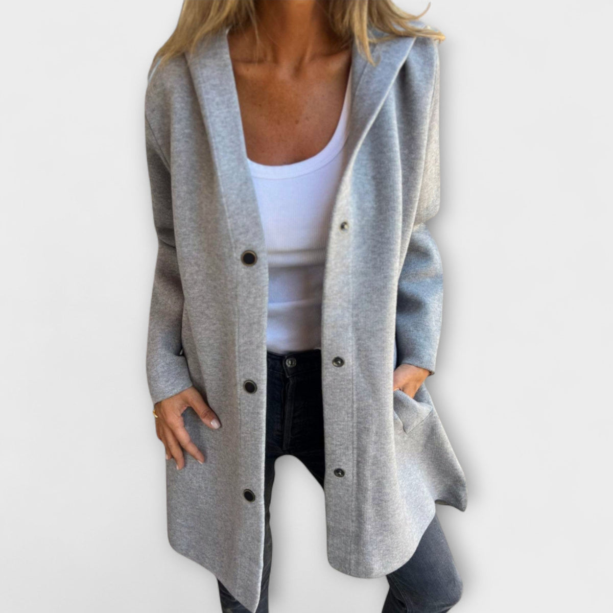 Rhyvian casual single-button jacket with an attached cozy hood