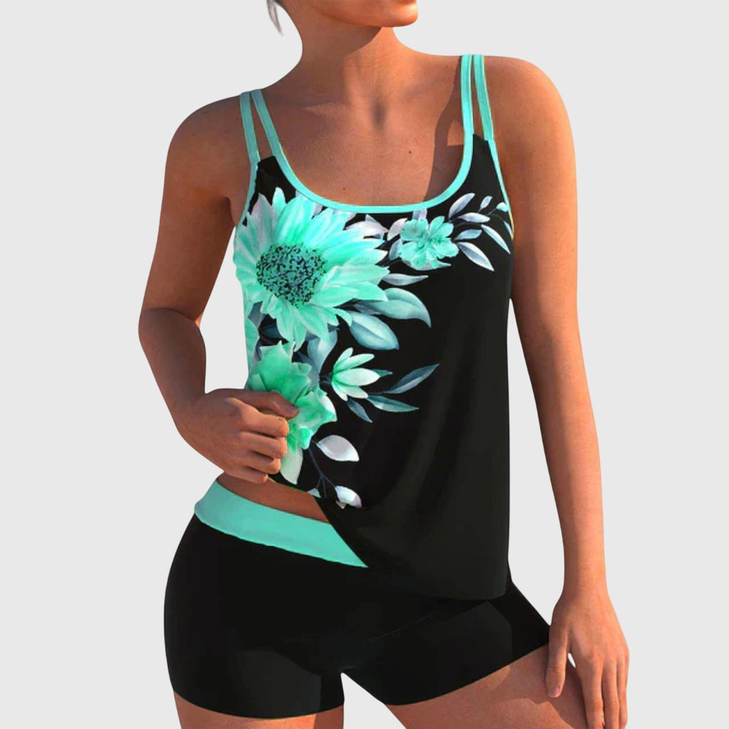 Clotilde two-piece floral swimsuit set with adjustable top and boyshort bottoms