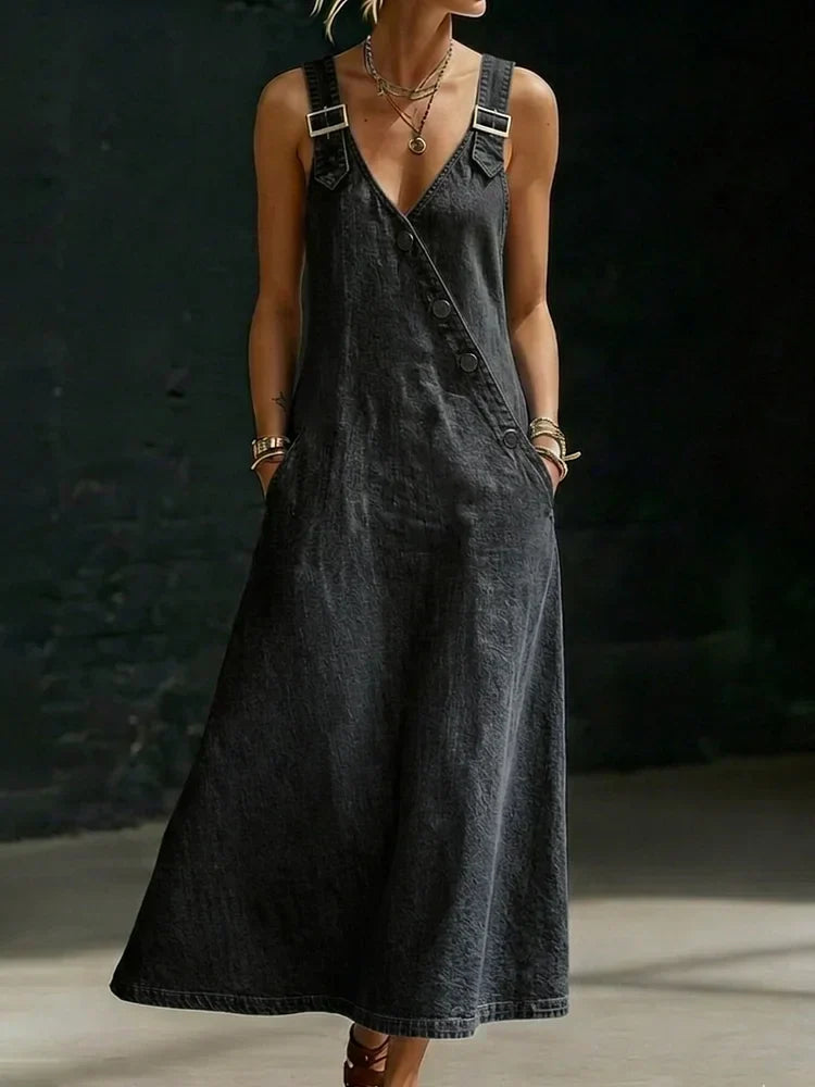 Lalie - Button-Front Long Denim Dress