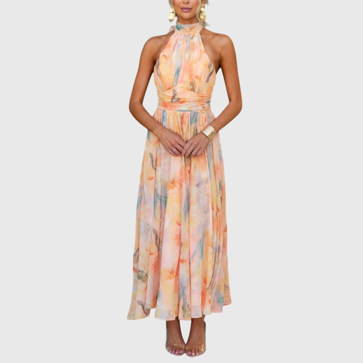 Nicole women watercolor open-back maxi dress with halter neckline
