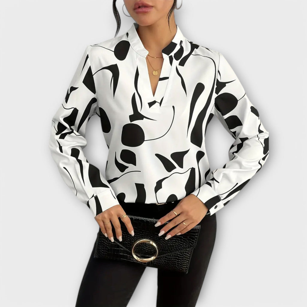 Julie - Abstract Print Split-Neckline Blouse