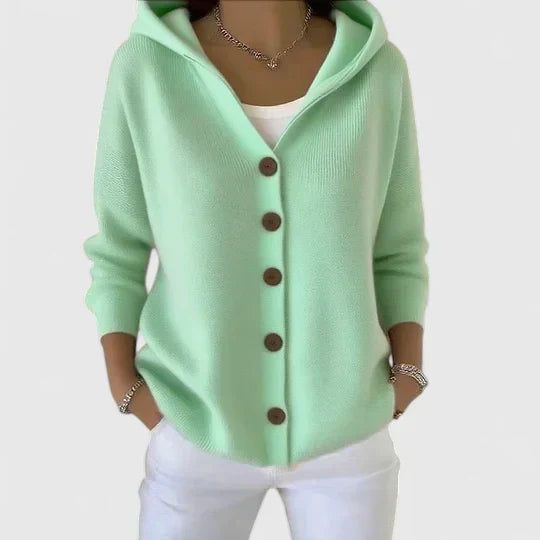 Rhezalynn long-sleeve hooded cardigan with front button closure