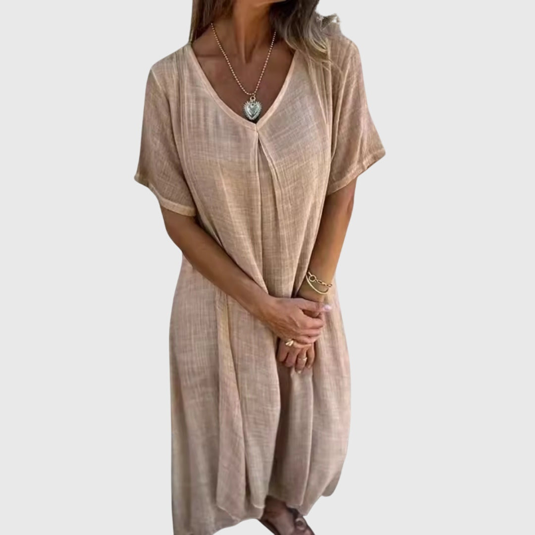 Fiona lightweight V-neck casual dress captured in bright daylight
