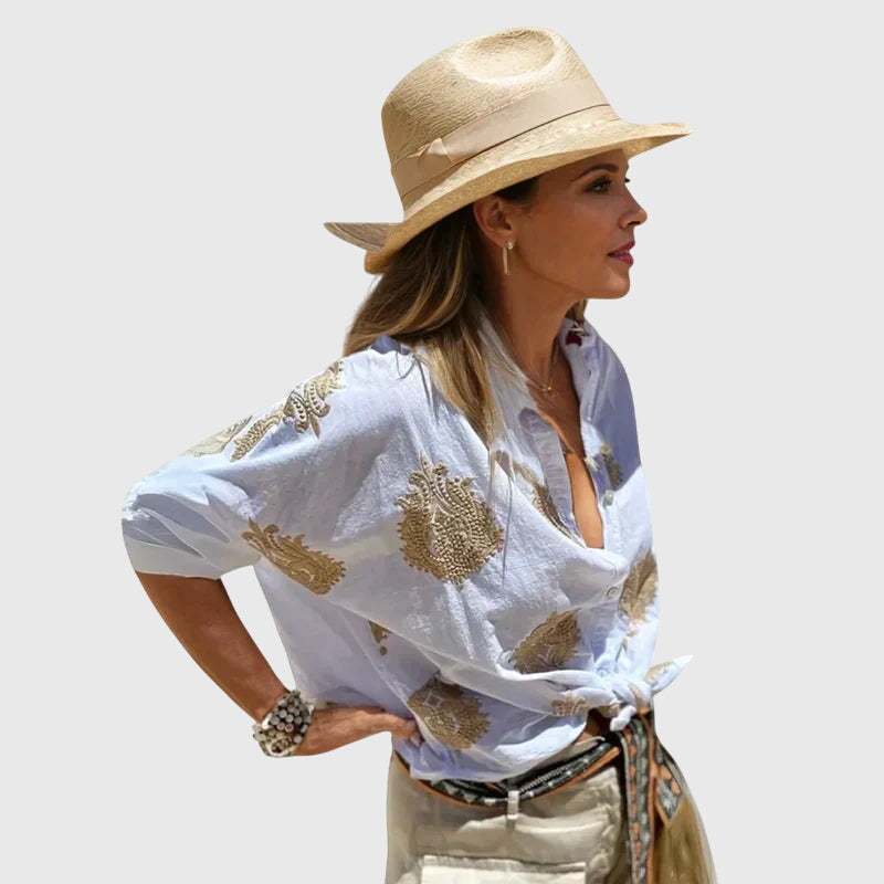 Manon lightweight breathable summer blouse styled with shorts