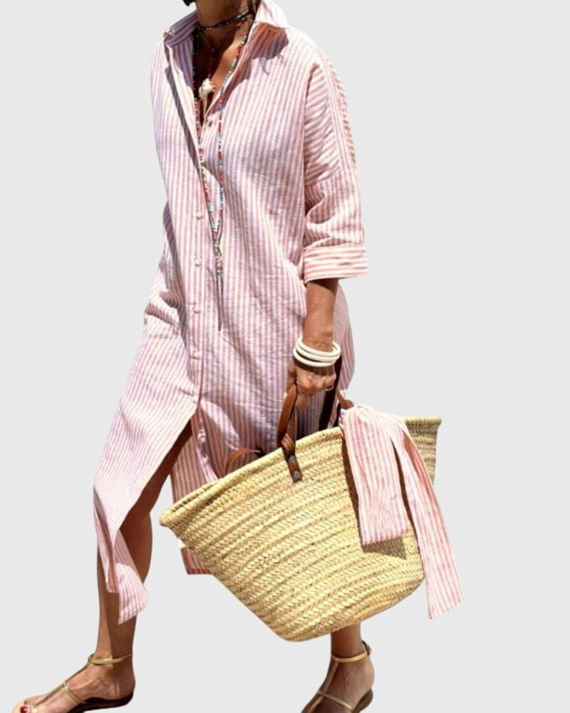 Front view of the Clara classic striped dress showing its flattering silhouette and side pockets