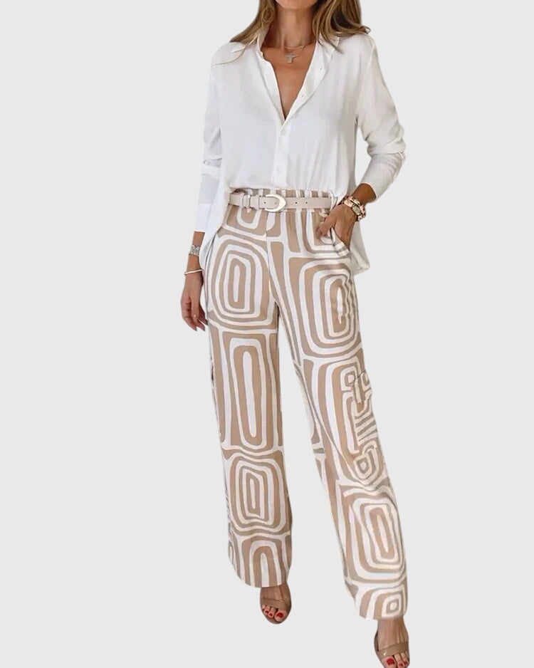 Emilia elegant trousers set with white blouse and belt