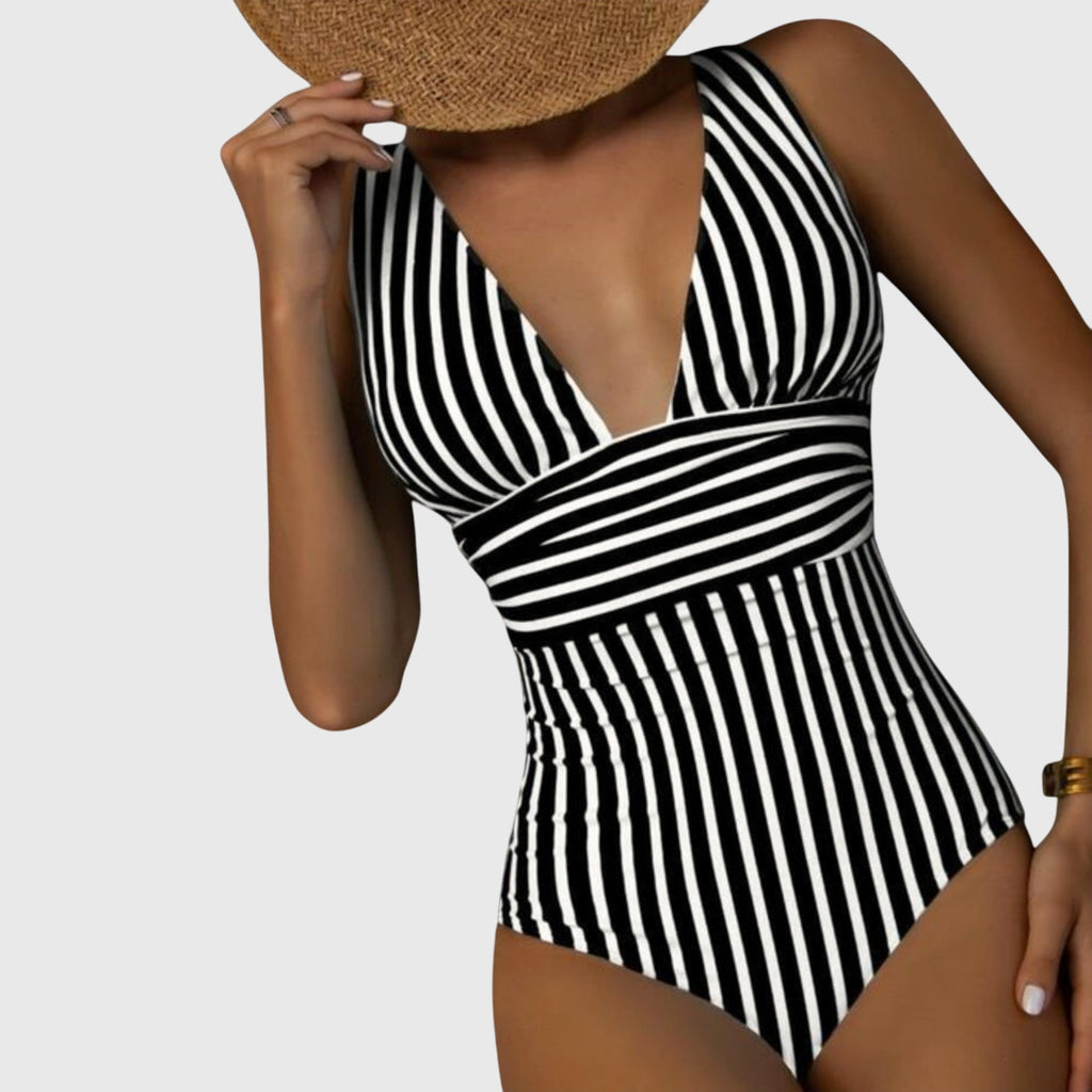 Sidonie striped one-piece swimsuit featuring built-in support and adjustable straps
