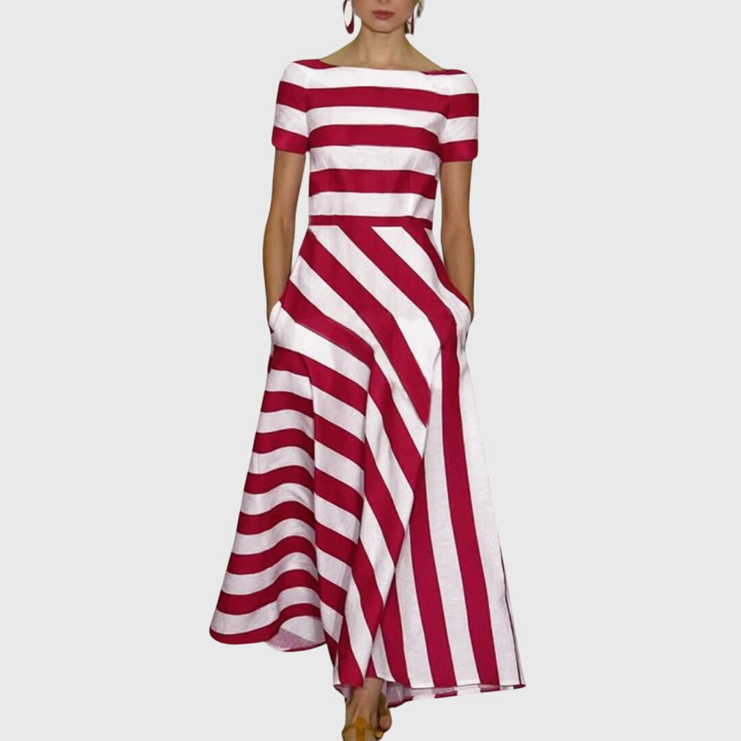 Carly Handcrafted Striped Midi Dress showing fine detailed striped stitching