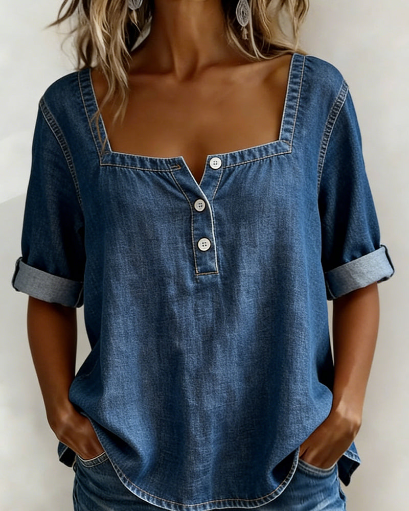 Marceline - Square Neck Denim Shirt