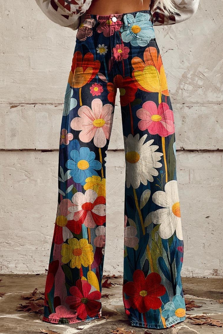 Elisa 2 boho vintage printed pants in earth tones and relaxed wide leg