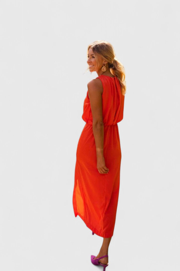 Theonae High-Neck Side-Slit Midi Dress showcasing high neckline and side hem slit