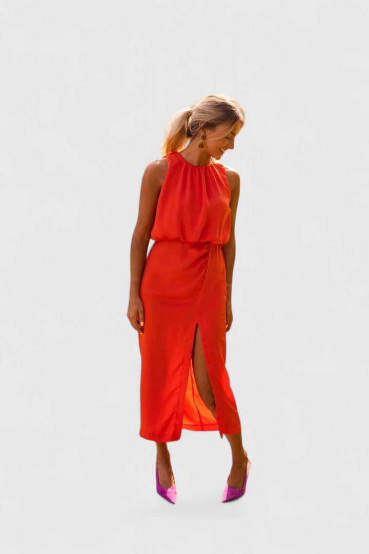 Theonae | High-Neck Side-Slit Midi Dress