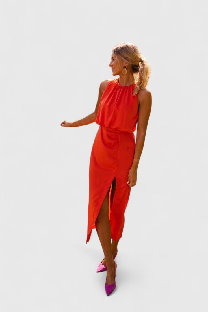 Theonae | High-Neck Side-Slit Midi Dress