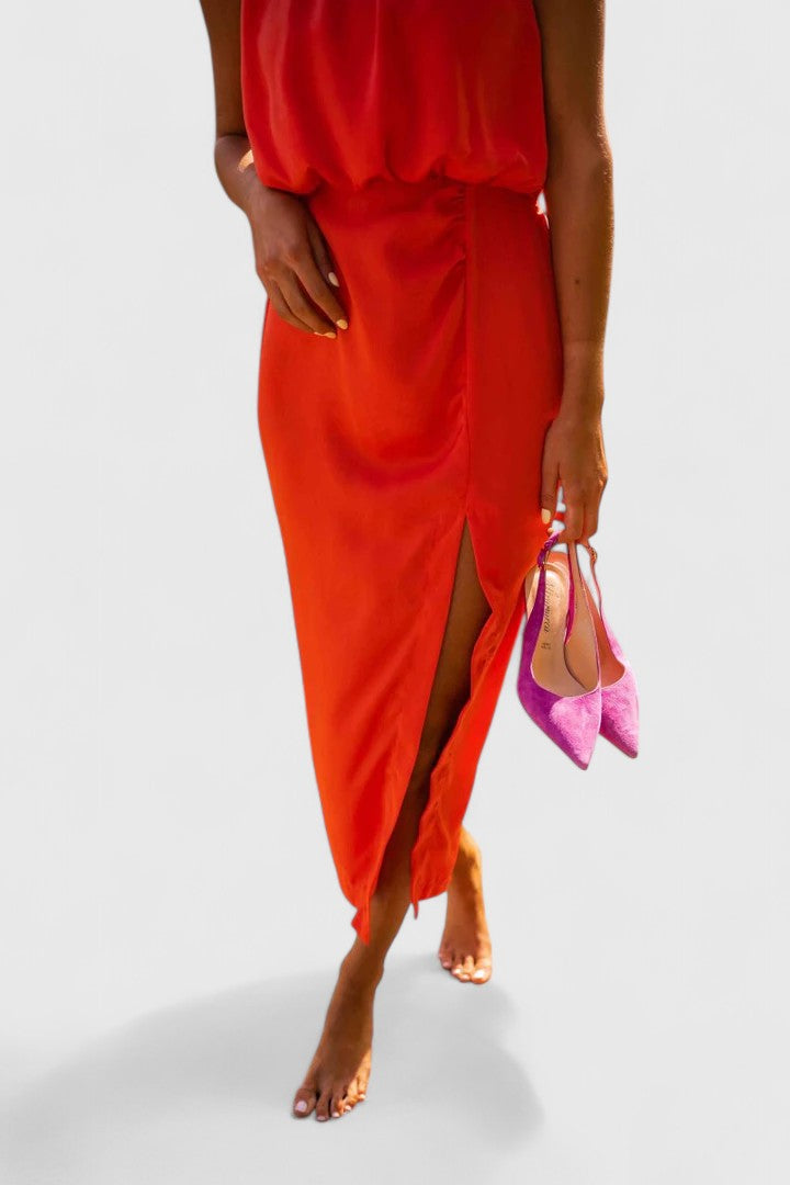 Theonae | High-Neck Side-Slit Midi Dress