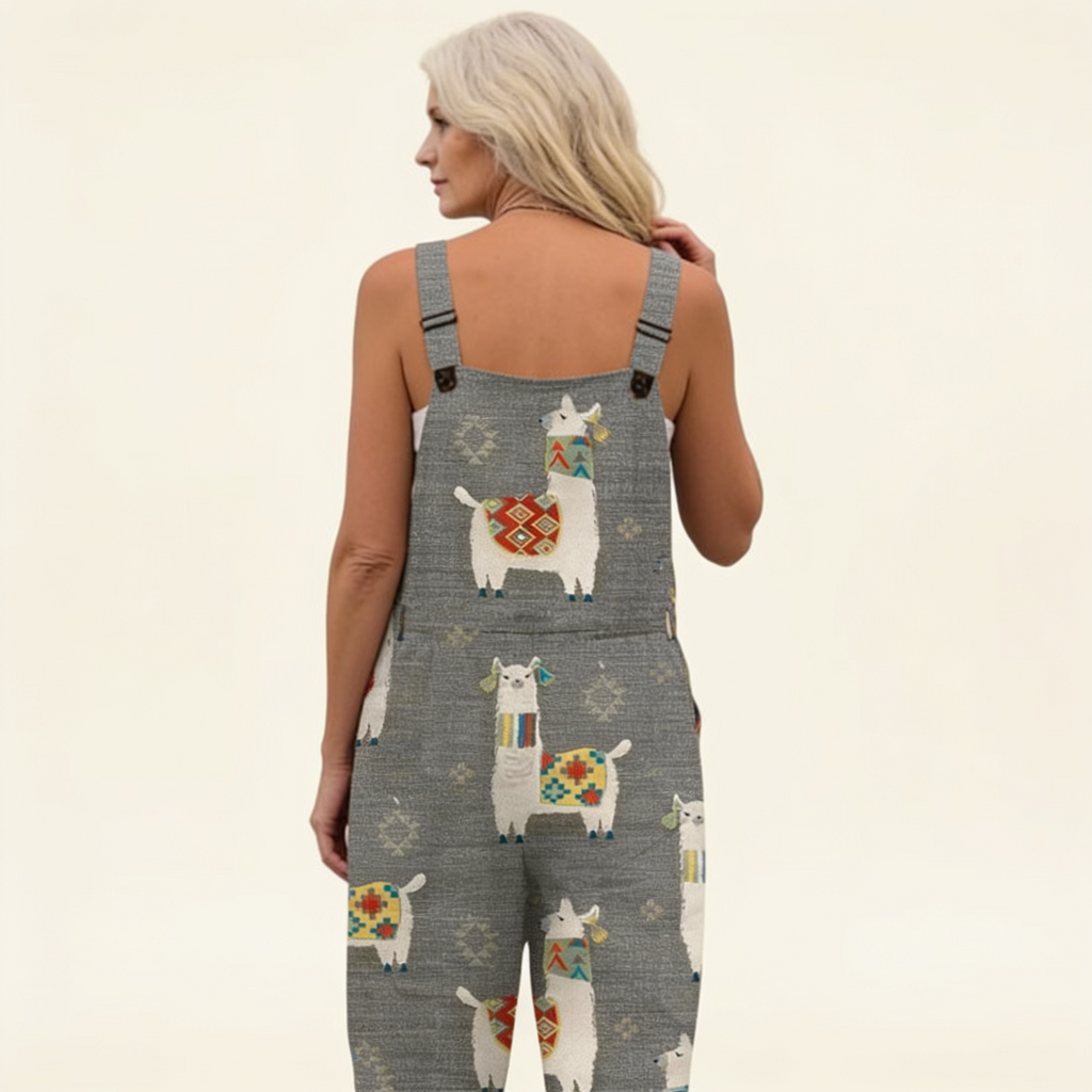 Amelie - Playful Llama Print Grey Overalls