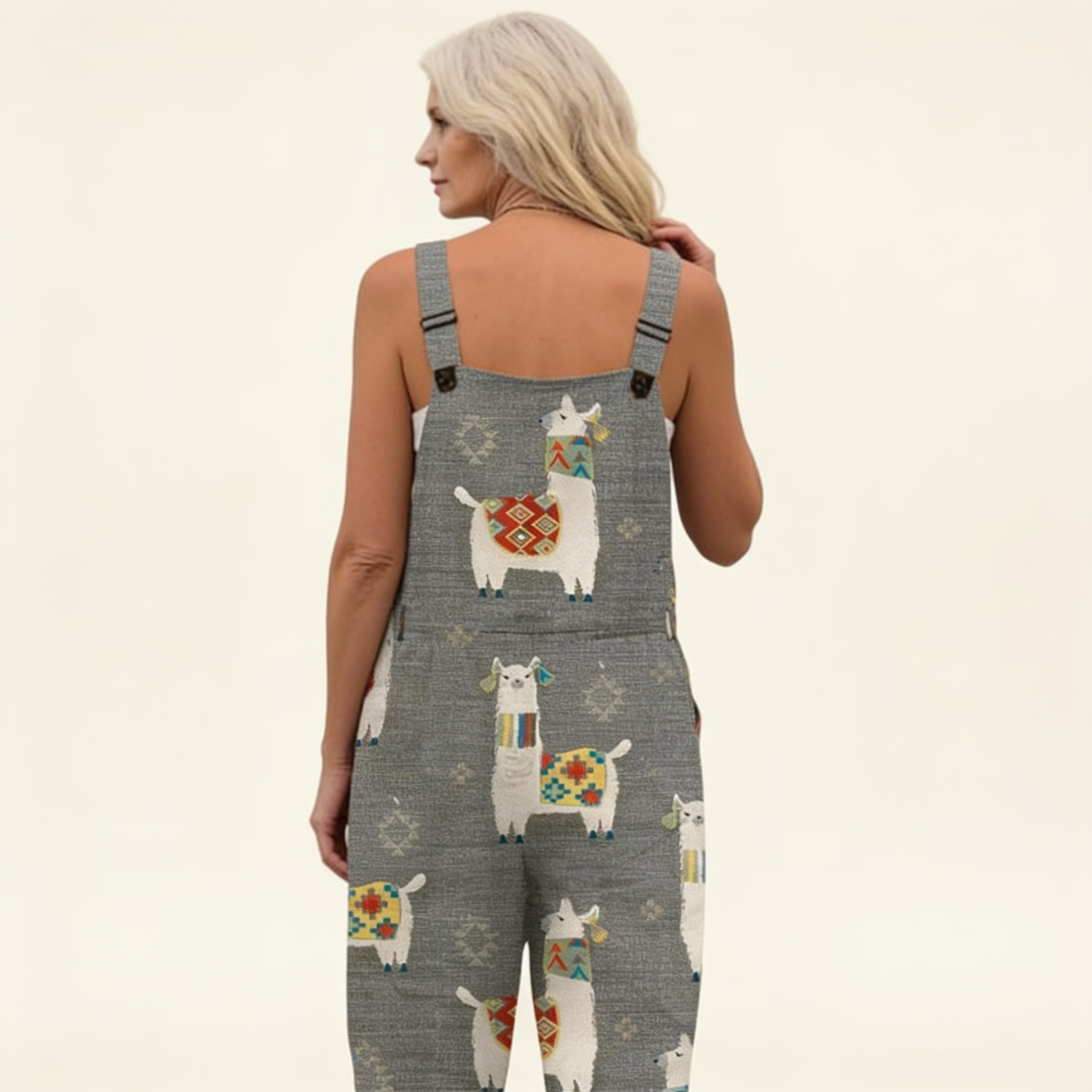 Amelie - Playful Llama Print Grey Overalls