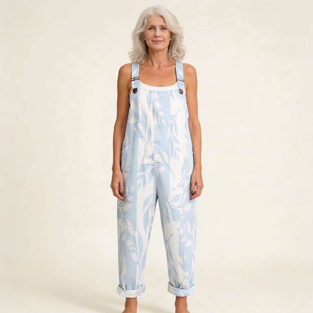 Anais - Sky Blue Leaf Print Overalls