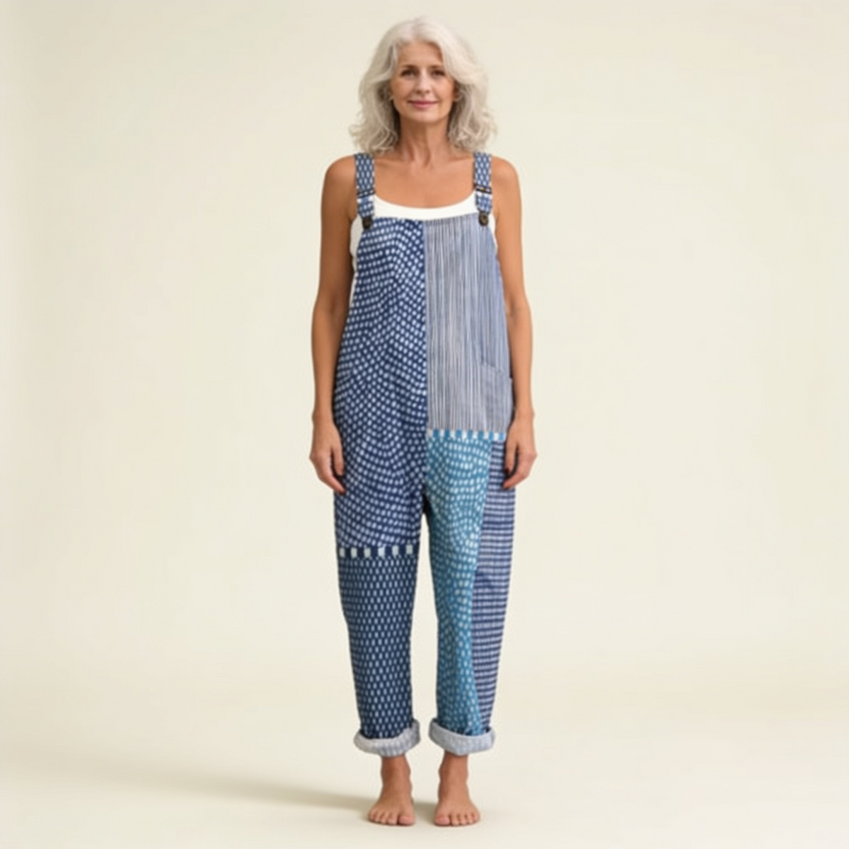 Isaline - Blue Graphic Patchwork Overalls