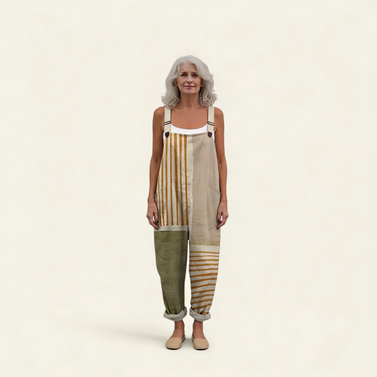 Juliette - Striped Natural Print Overalls