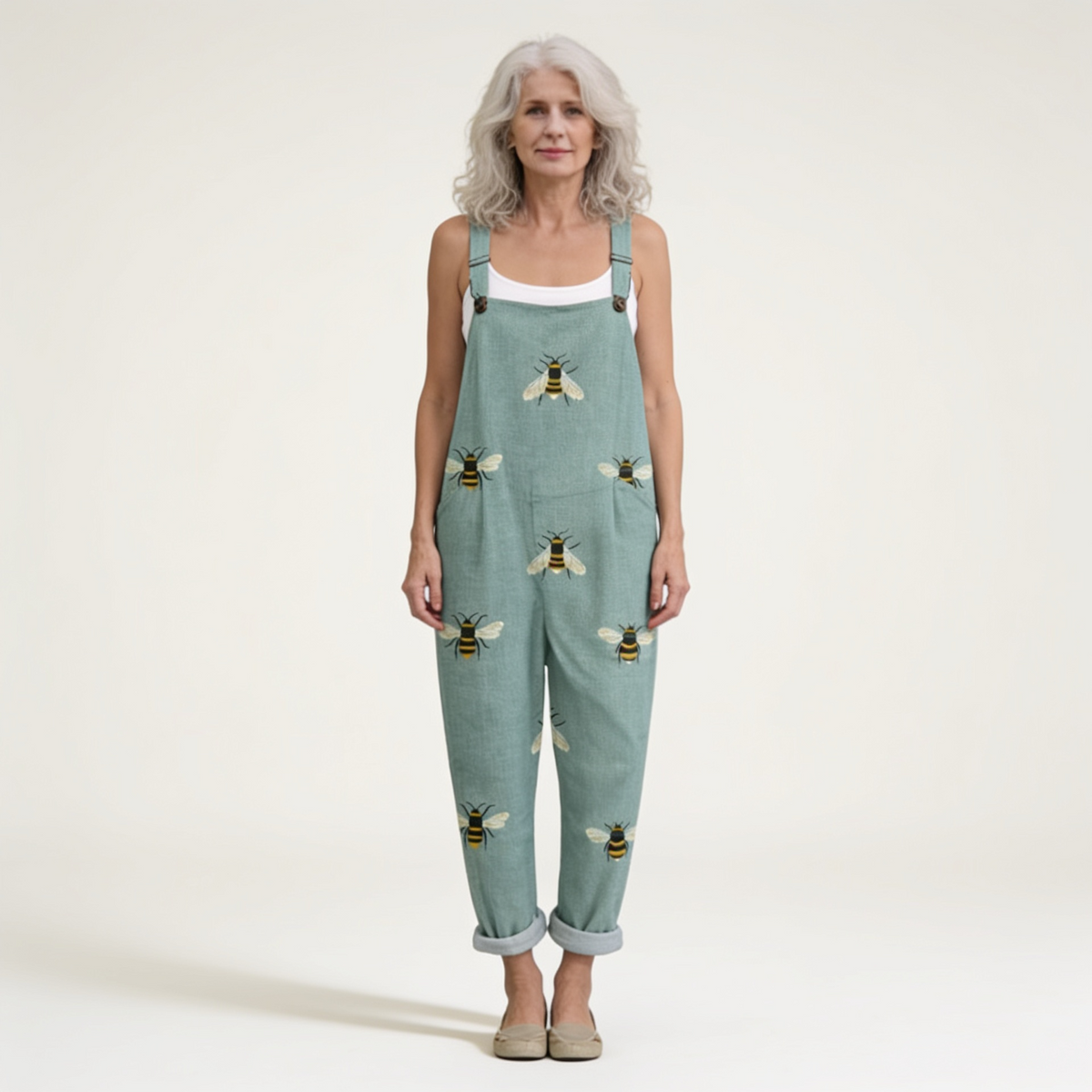 Solene - Fresh Sage Bee Print Overalls