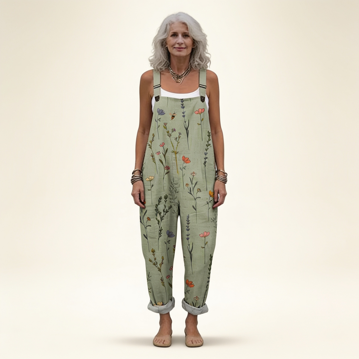 Claire - Sage Botanical Print Overalls