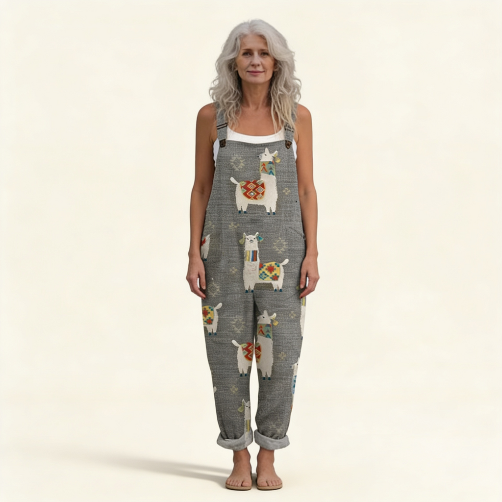 Amelie - Playful Llama Print Grey Overalls