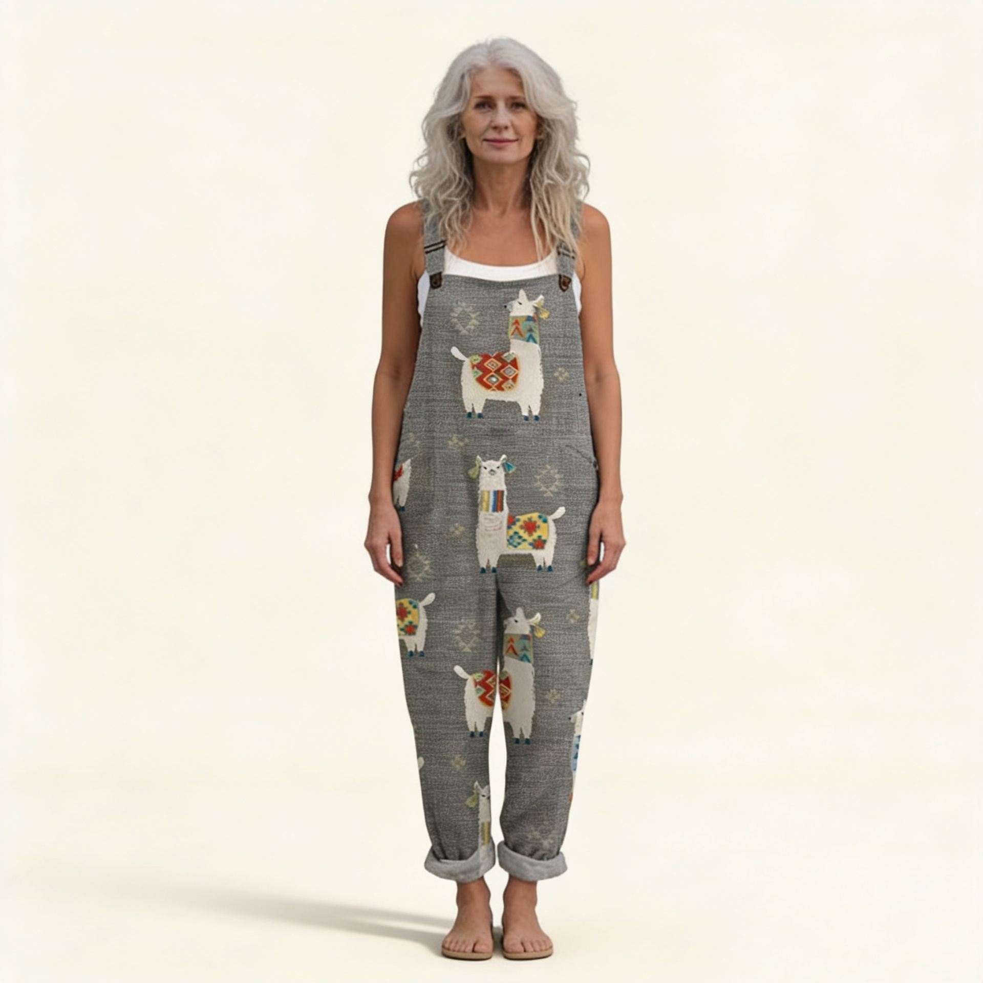 Amelie - Playful Llama Print Grey Overalls
