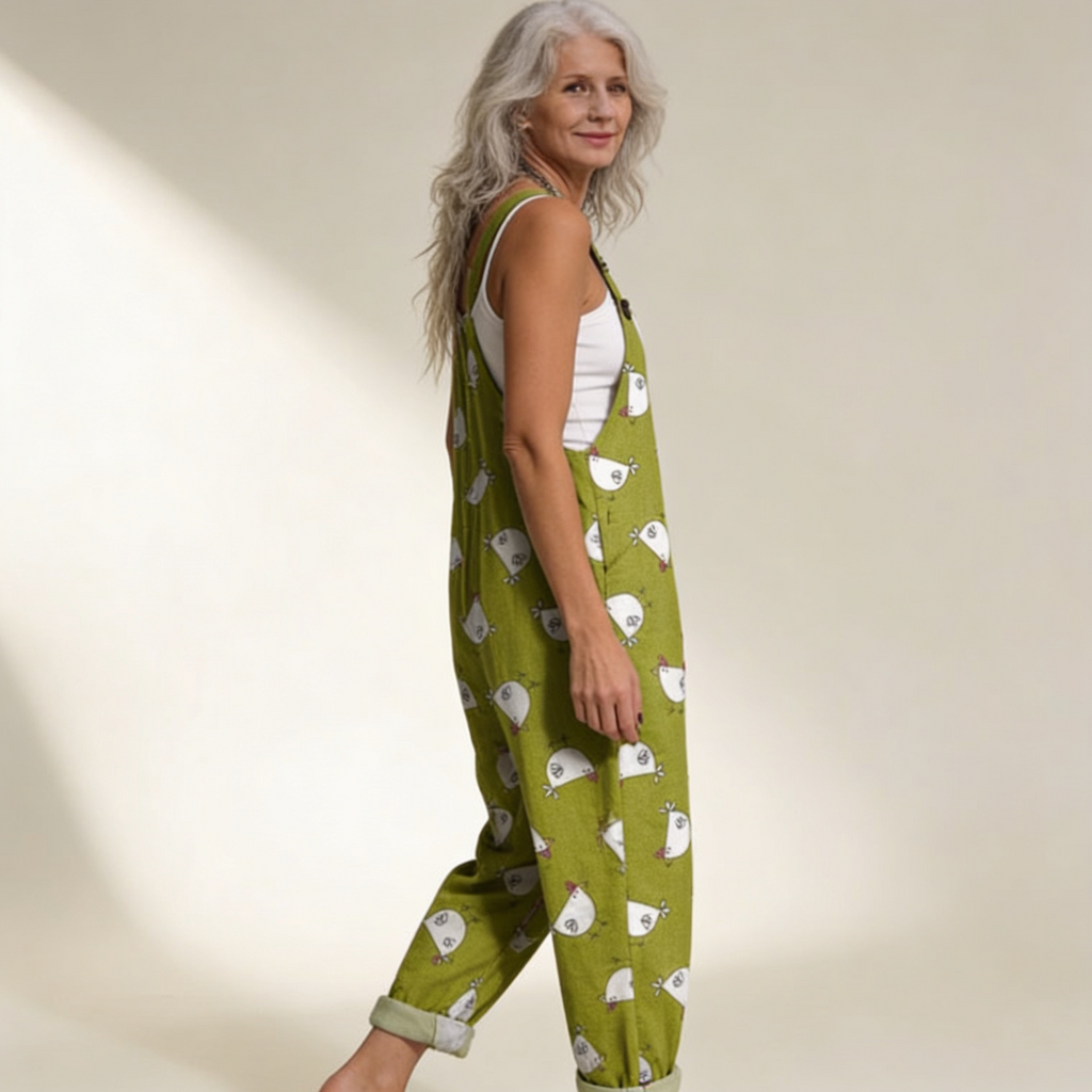 Elodie - Playful Hen Pattern Overalls