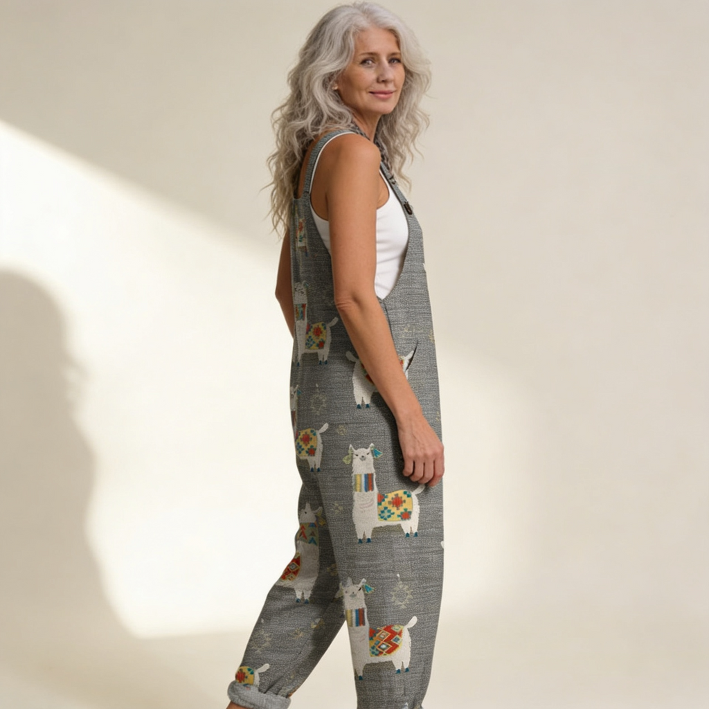 Amelie - Playful Llama Print Grey Overalls