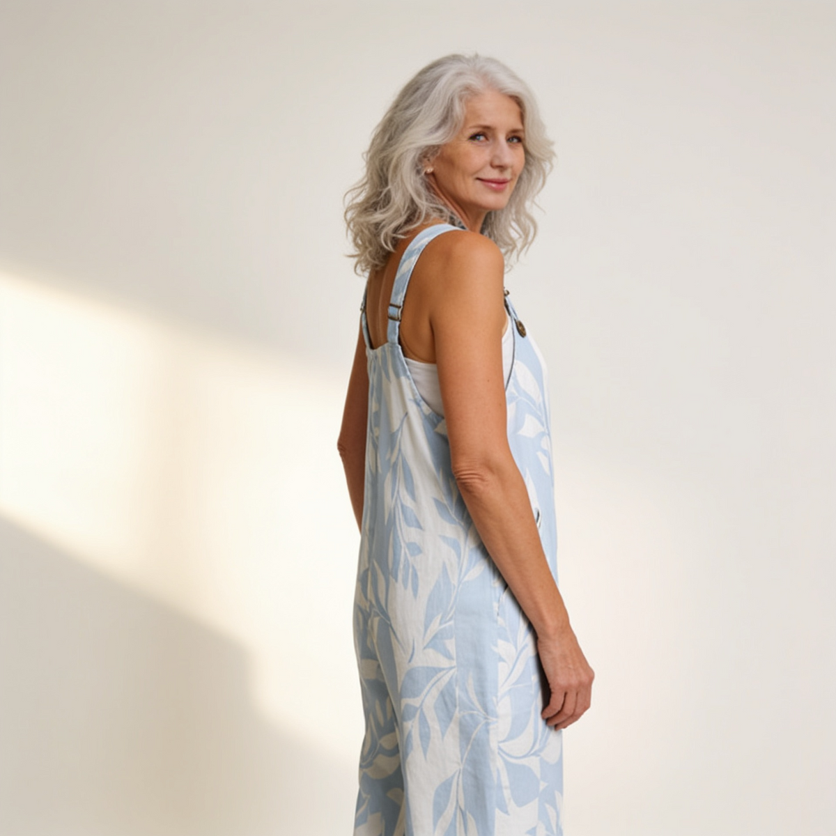 Anais - Sky Blue Leaf Print Overalls