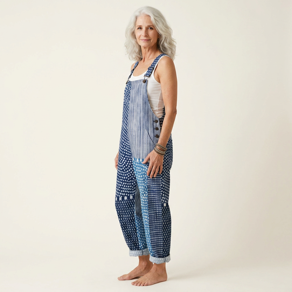 Isaline - Blue Graphic Patchwork Overalls