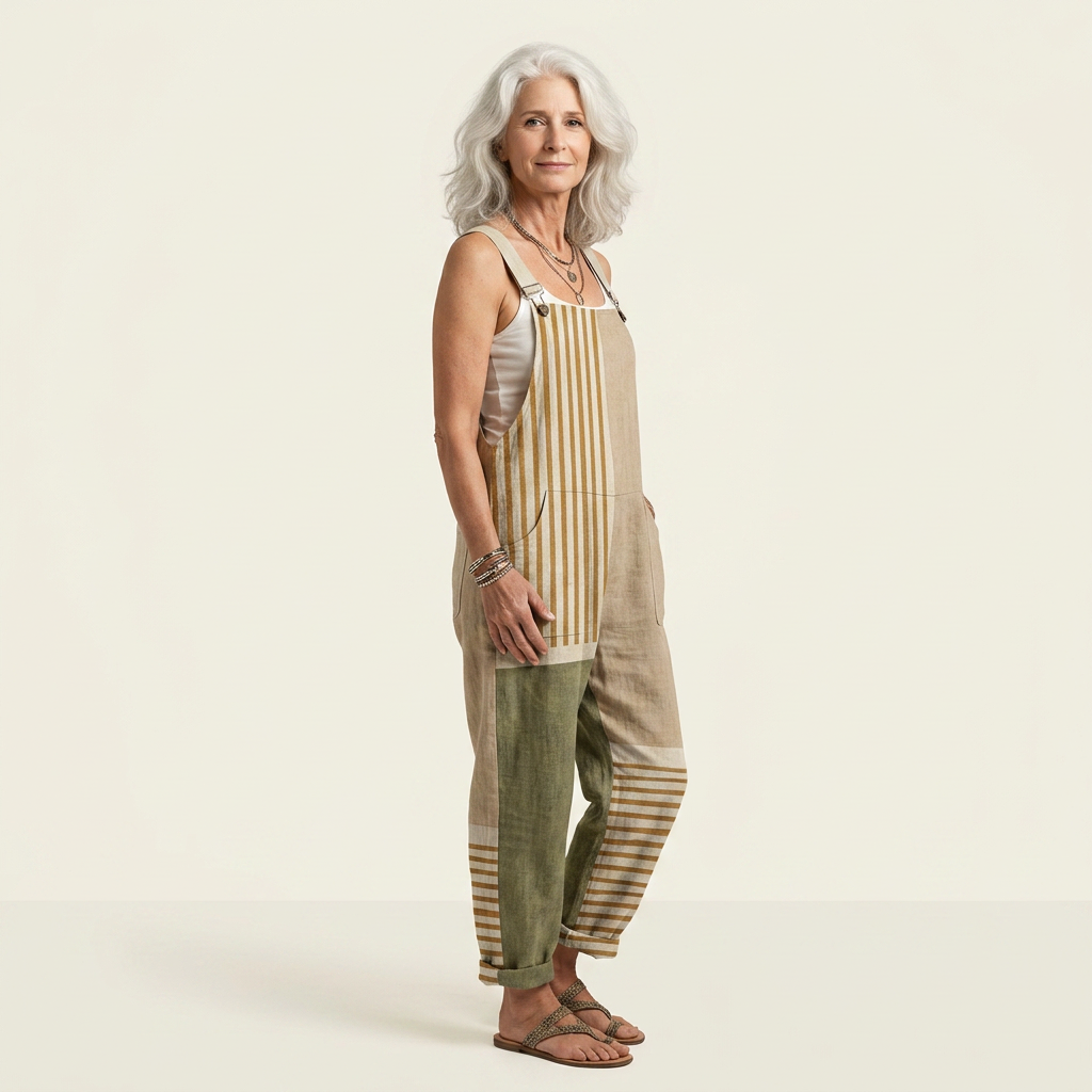 Juliette - Striped Natural Print Overalls