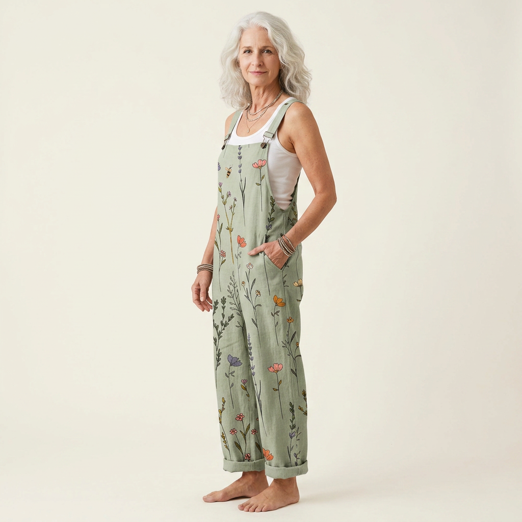 Claire - Sage Botanical Print Overalls