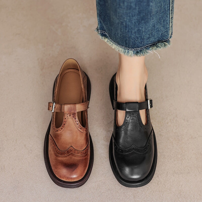 Élise - Handmade Leather Flat Mary Janes