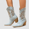 Amelie denim ankle boots with low block heel and stylish stitching