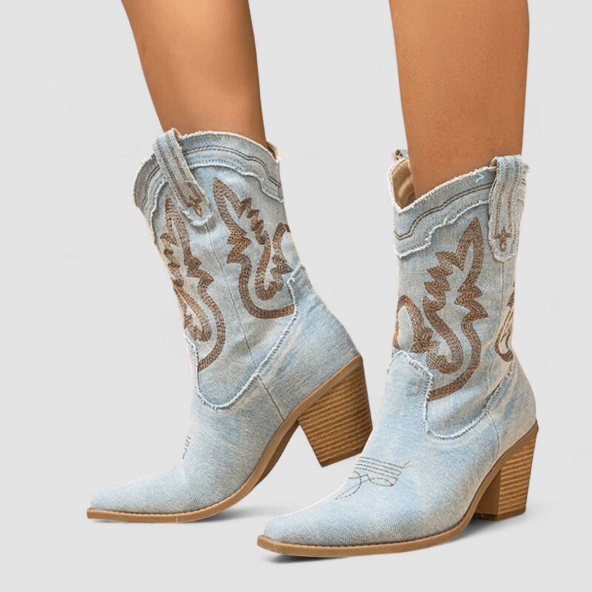 Amelie denim ankle boots with low block heel and stylish stitching