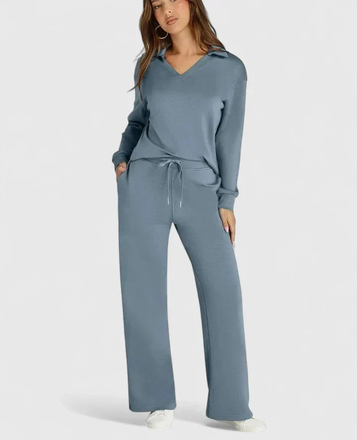 Anzhelee - Sophisticated V-Neck Polo Two-Piece Set