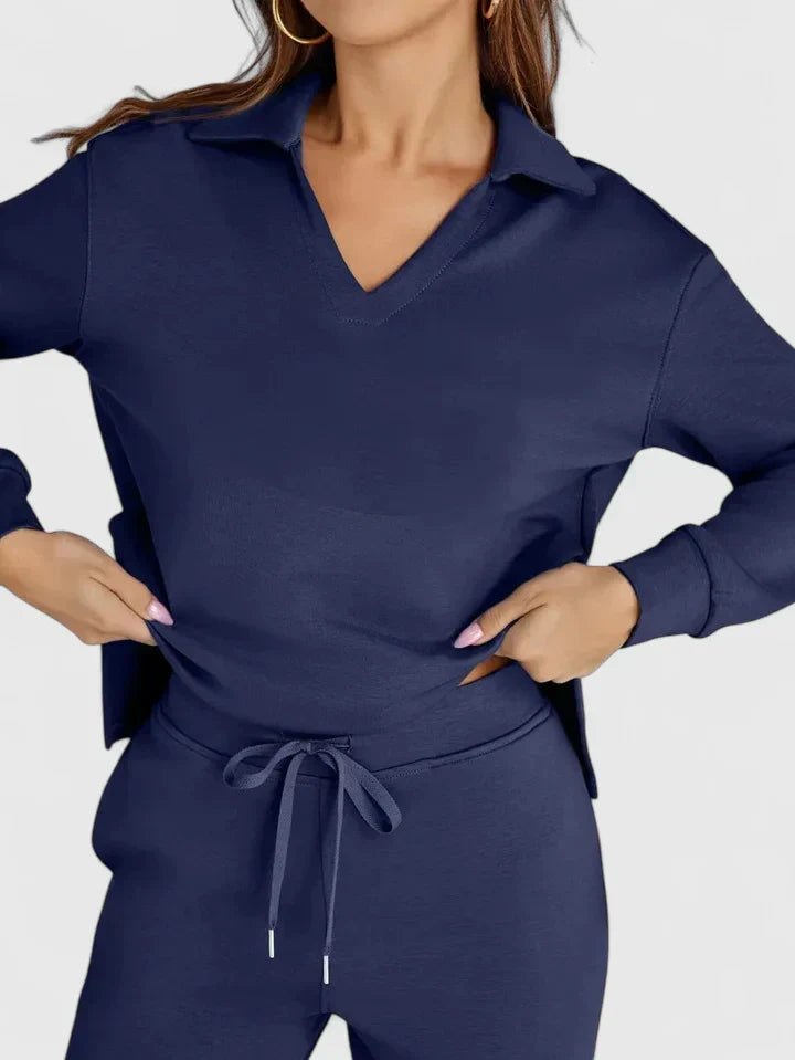 Anzhelee - Sophisticated V-Neck Polo Two-Piece Set