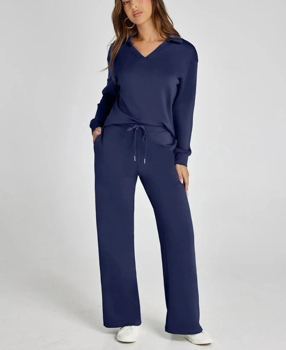 Anzhelee sophisticated V-neck polo and wide-leg trousers set