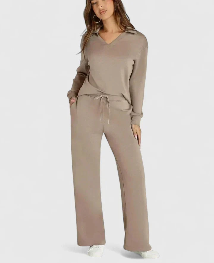 Anzhelee - Sophisticated V-Neck Polo Two-Piece Set