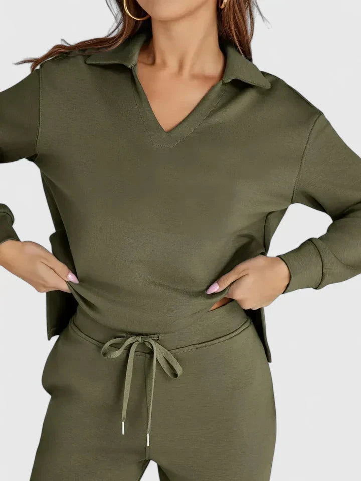 Anzhelee - Sophisticated V-Neck Polo Two-Piece Set