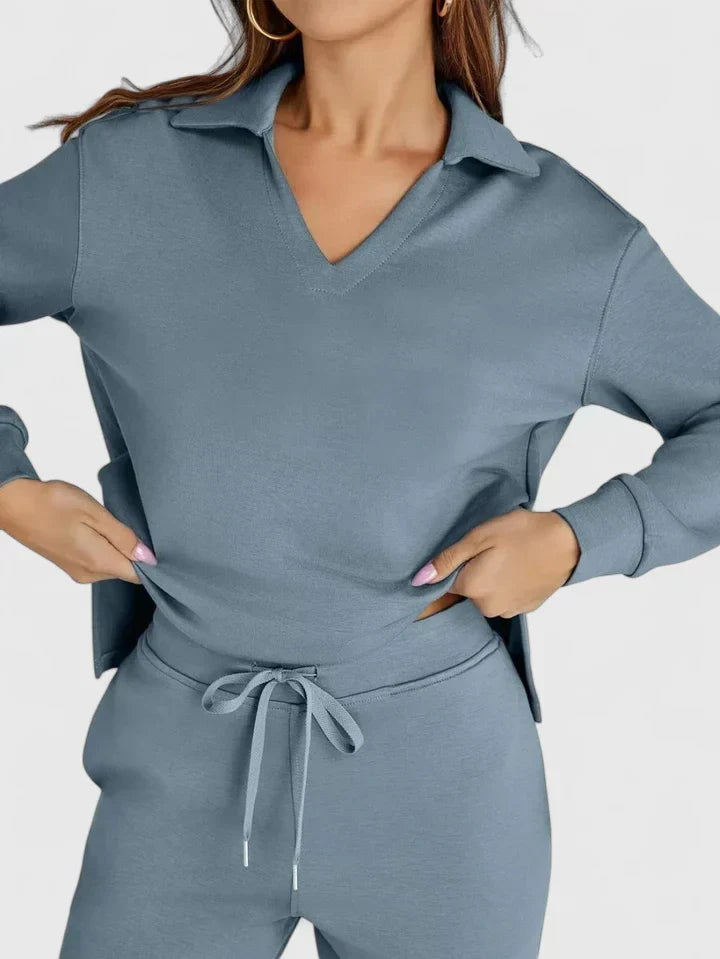 Anzhelee - Sophisticated V-Neck Polo Two-Piece Set