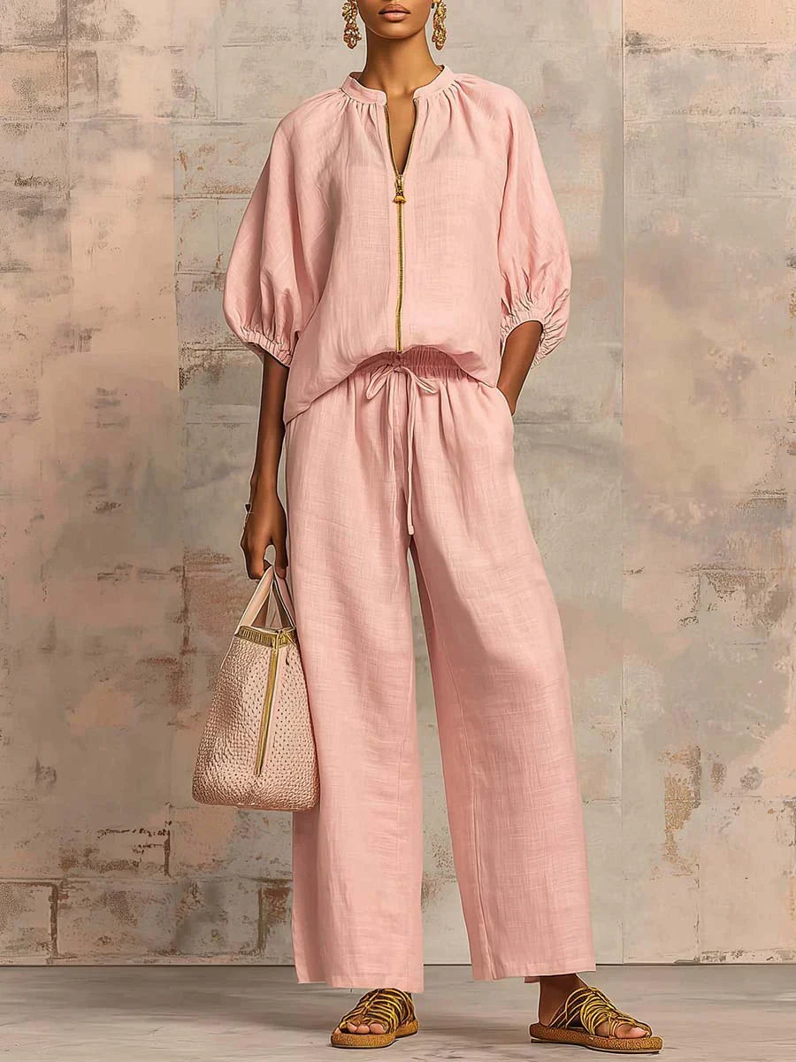 Alba - Casual Shirt and Wide Leg Pants Two-Piece Set