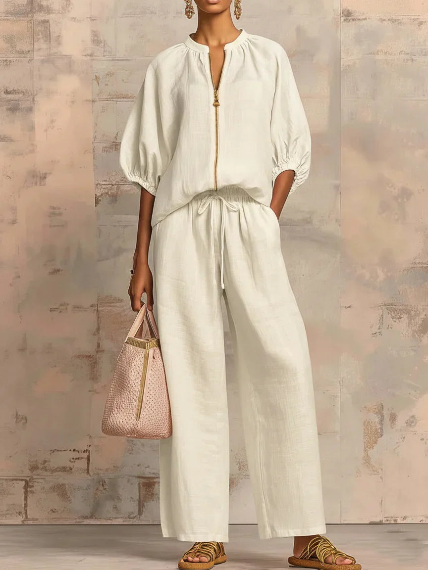 Alba - Casual Shirt and Wide Leg Pants Two-Piece Set