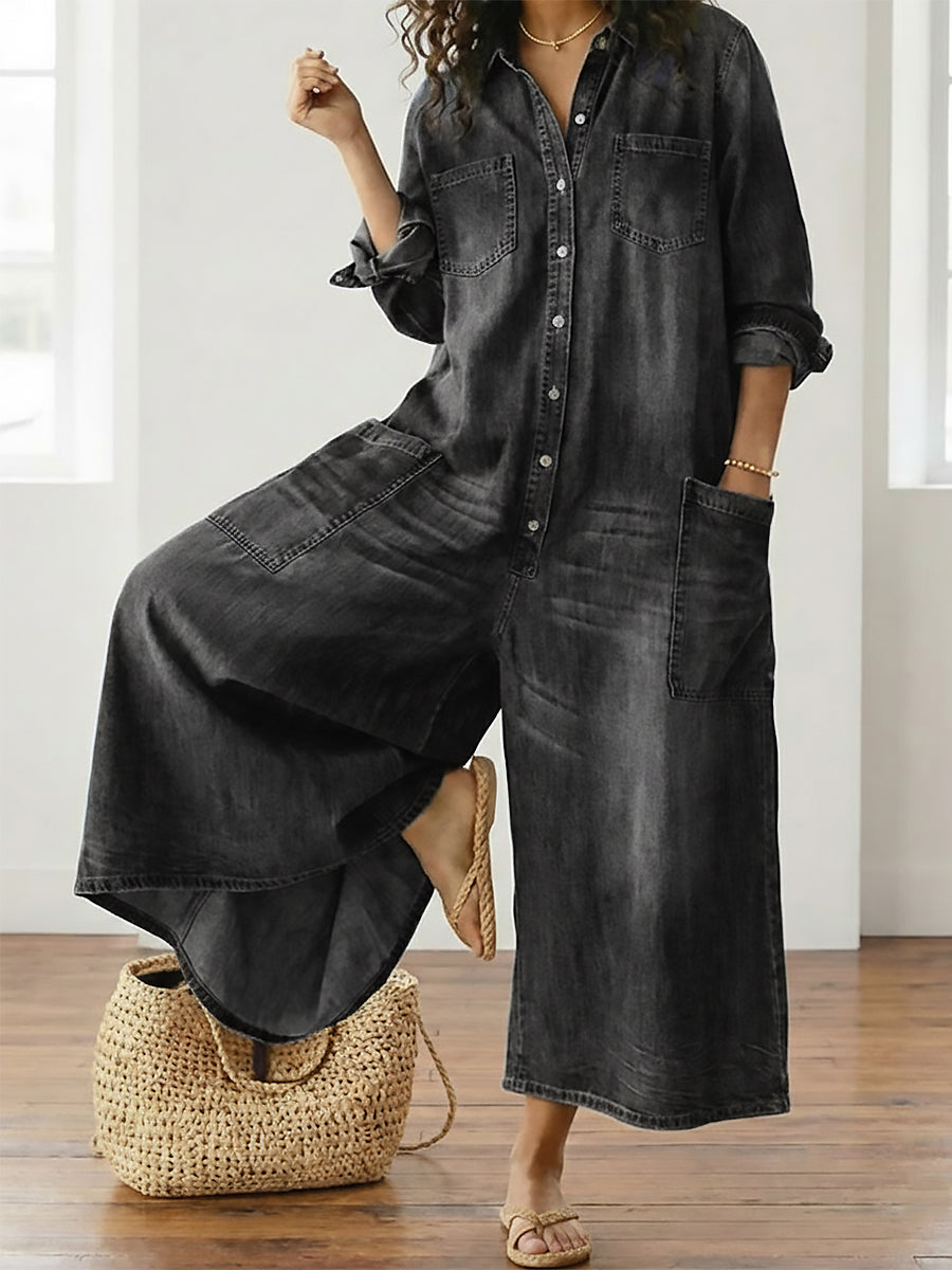 Anais - Vintage Button-Up Denim Jumpsuit