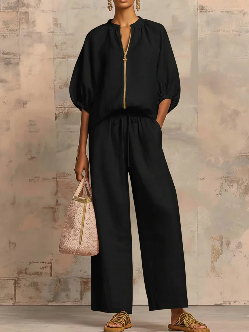 Alba - Casual Shirt and Wide Leg Pants Two-Piece Set