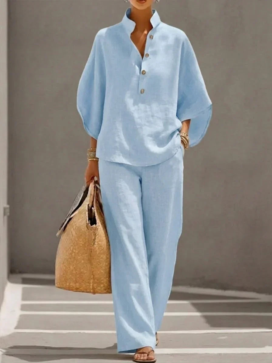 Maribel - Batwing Linen Set and Wide Leg Pants