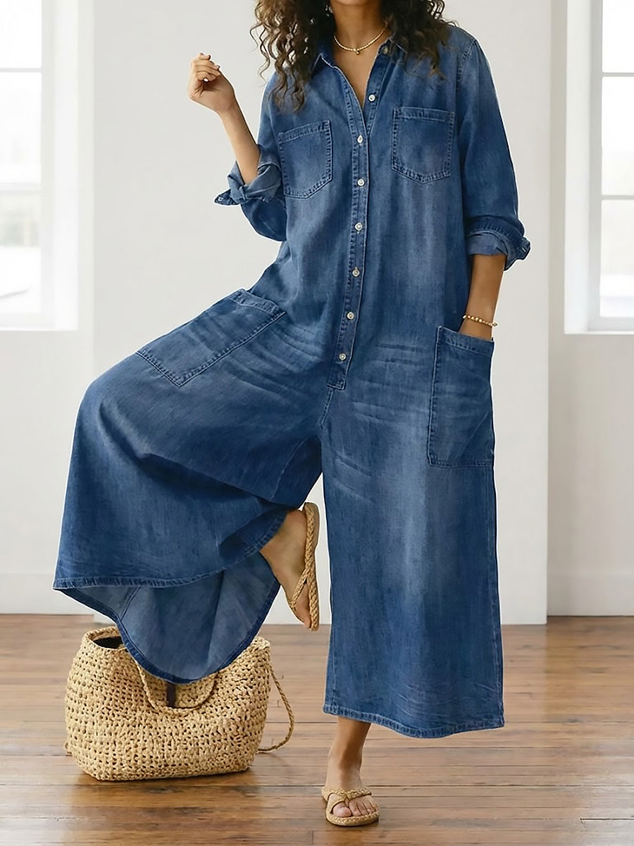 Anais - Vintage Button-Up Denim Jumpsuit
